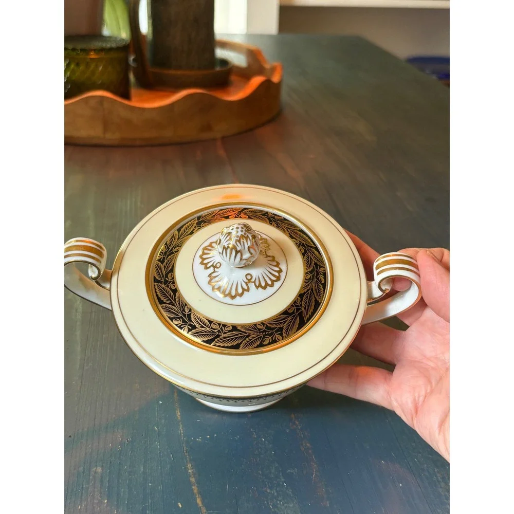 Noritake China Sugar Bowl with Lid Black Gold Encrusted Laurel Japan Cream White
